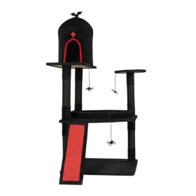 53in Gothic Cat Tree With Coffin Bed, Large Cat Tower With Spacious Cat Condo, Scratching Posts, Spider Hanging Toys, Scratching Board, Multi-Lev (Option: Black)