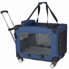 2 in 1, 28'' Collapsible Travel Dog Crate for Medium Large Dogs, Rolling Pet Carrier with Wheels, 3-Door Portable Folding Pet Kennel with Mesh Wi (Option: Dark Blue)