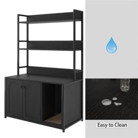 Large Cat Litter Box Enclosure With Shelf Storage, Hidden Cat Washroom Furniture, Wooden Cat House With Scratch Pad, Sturdy Indoor Cat Cabinet Wi (Option: Black)
