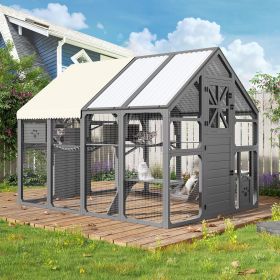 Extra Large Catio Outdoor Cat Enclosure, Walk-in Outdoor Pet House for Multiple Cats, Catio Cat Run Cage with Bridges, PVC Roof, Weatherproof Cov (Cclor: Grey)